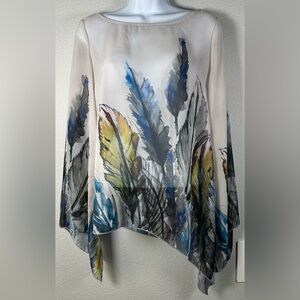 Lily Asymetrical Feather Print Blouse Size Medium